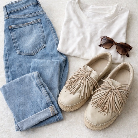 Renvy Shoes - Renvy Leather Espadrilles Platform Slip On Tassel Fringe Beige Size 9.5